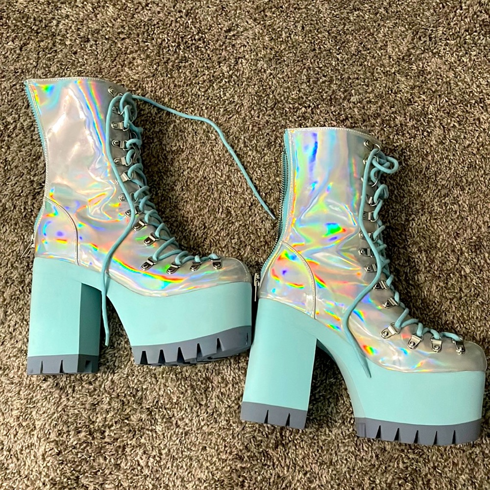 Club Exx Rave Boots. Holographic. Light blue and silver. Never worn. Dollskill